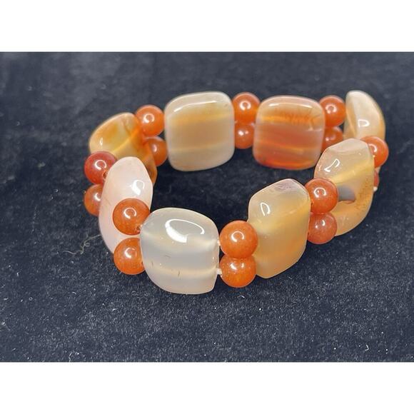 Natural Stone Carnelian Quartz Agate Beaded Bracelet Orange Stretch - Picture 1 of 3